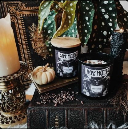 Display including two Dark Matters soy wax vegan scented candles